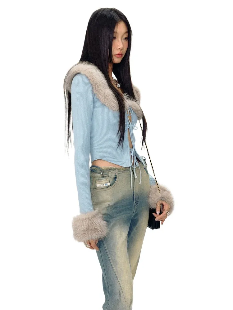 Eco-Friendly Fox Fur Removable Tie Knit Cardigan