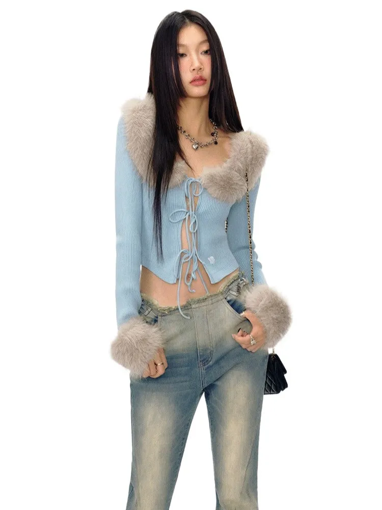 Eco-Friendly Fox Fur Removable Tie Knit Cardigan