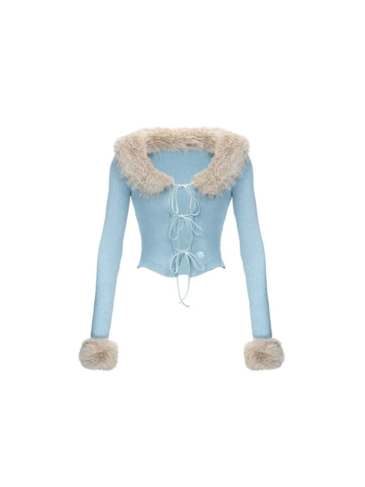 Eco-Friendly Fox Fur Removable Tie Knit Cardigan