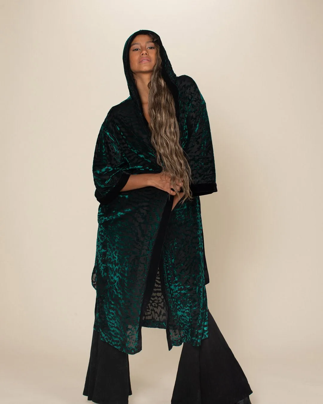 Emerald Tiger Hooded Burnout Velvet Kimono | Women's