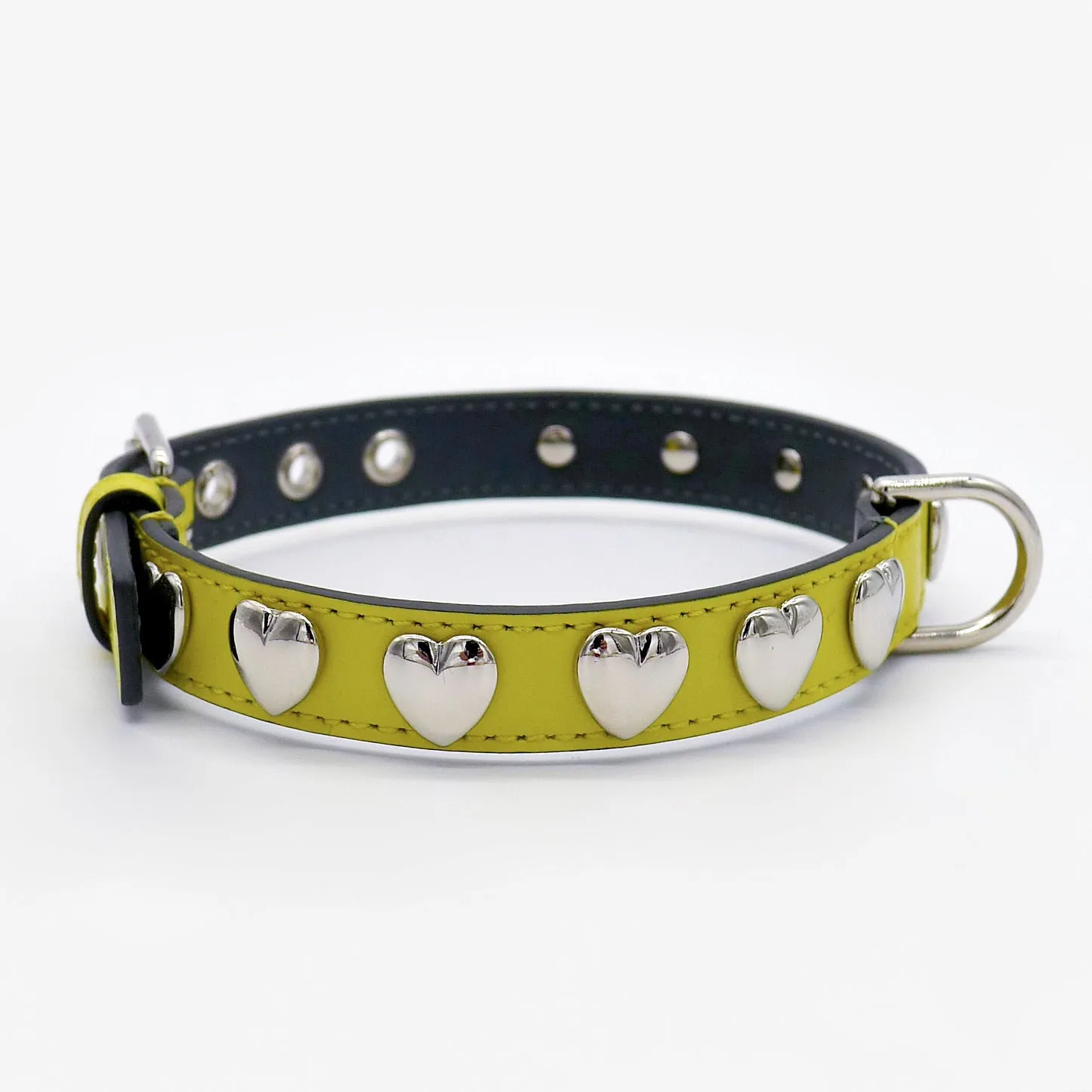 Emma Firenze Leather Dog Collar with Hearts Motif in Lemon or Fuschia