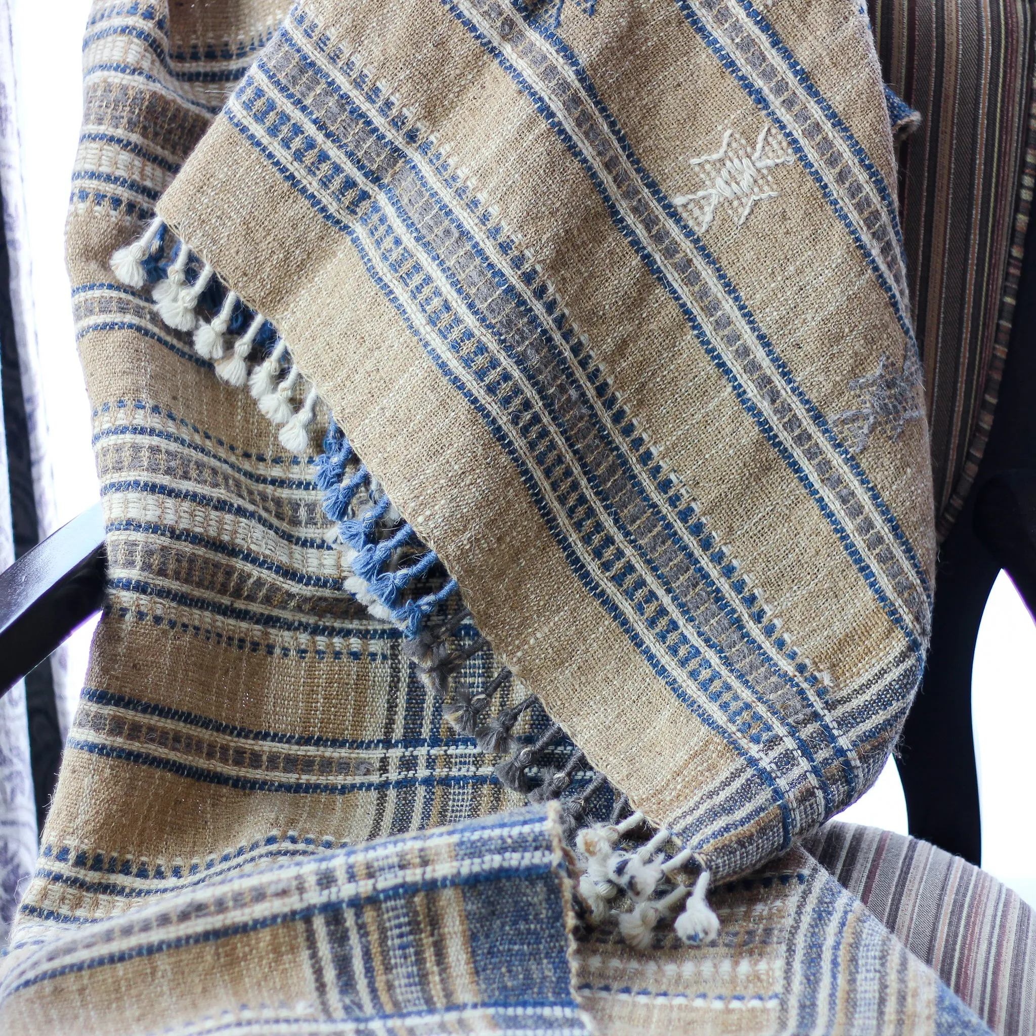 Ethnic Handspun & Handwoven Wool Throw cum Blanket - Beautiful Tassels | Brown, 40x89"