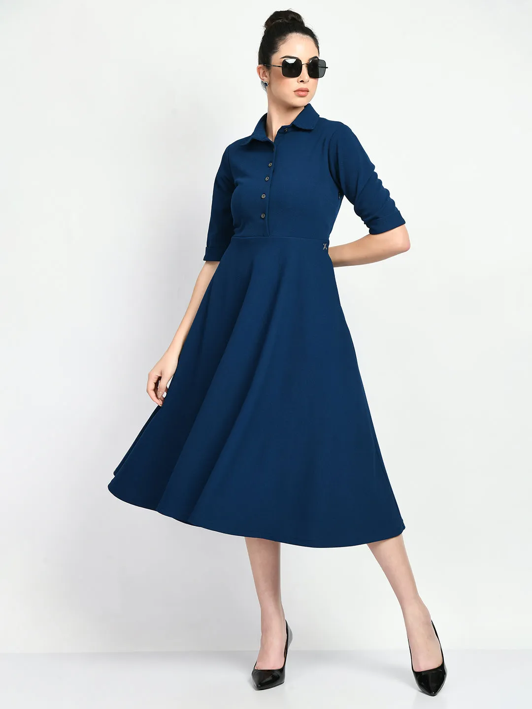 Exude Serenity Fit and Flared Shirt Midi Dress (Royal Blue)