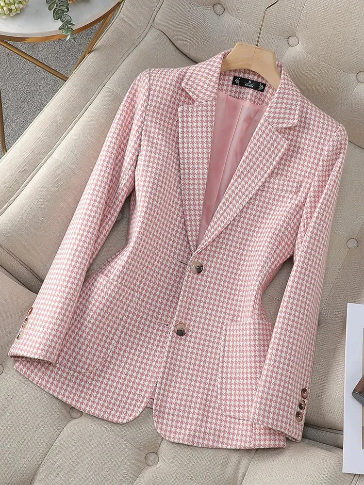 Fashionkova Christmas Gift Outfit  Gray Pink Coffee Plaid Women Blazer Ladies Long Sleeve Female Slim Casual Jacket For Autumn Winter