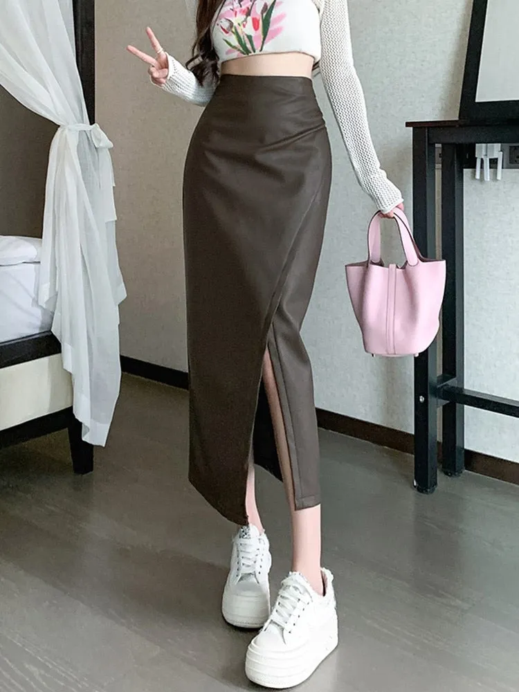 Fashionkova High Waist Pencil Skirt Women New Arrival 2023 Autumn Korean Style Solid Color PU Leather Office Lady Elegant Long Skirts W1362