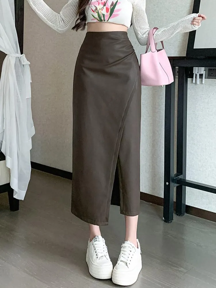 Fashionkova High Waist Pencil Skirt Women New Arrival 2023 Autumn Korean Style Solid Color PU Leather Office Lady Elegant Long Skirts W1362