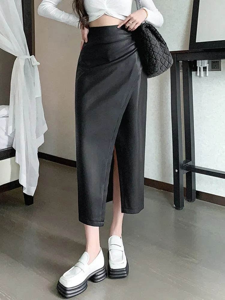 Fashionkova High Waist Pencil Skirt Women New Arrival 2023 Autumn Korean Style Solid Color PU Leather Office Lady Elegant Long Skirts W1362