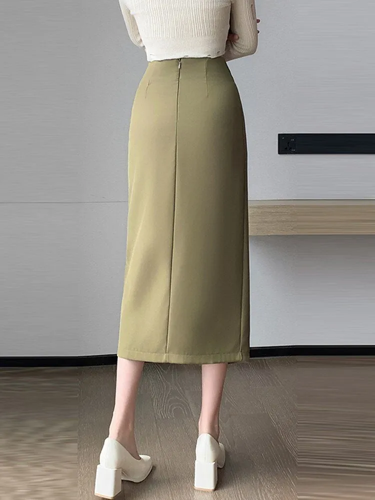 Fashionkova High Waist Pencil Skirt Women New Arrival 2024 Autumn Korean Style Solid Color Elegant Slim Office Lady Long Skirts