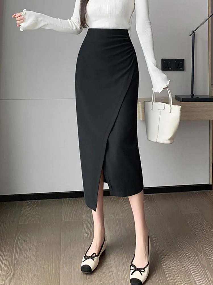 Fashionkova High Waist Pencil Skirt Women New Arrival 2024 Autumn Korean Style Solid Color Elegant Slim Office Lady Long Skirts