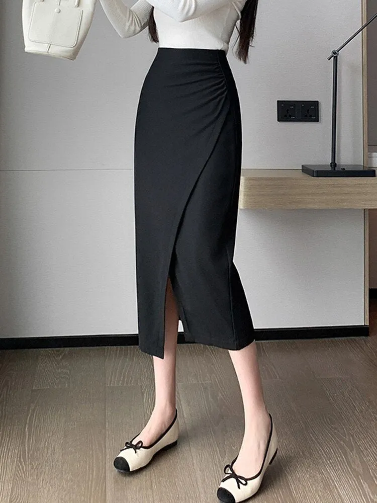 Fashionkova High Waist Pencil Skirt Women New Arrival 2024 Autumn Korean Style Solid Color Elegant Slim Office Lady Long Skirts