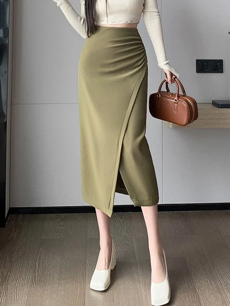 Fashionkova High Waist Pencil Skirt Women New Arrival 2024 Autumn Korean Style Solid Color Elegant Slim Office Lady Long Skirts