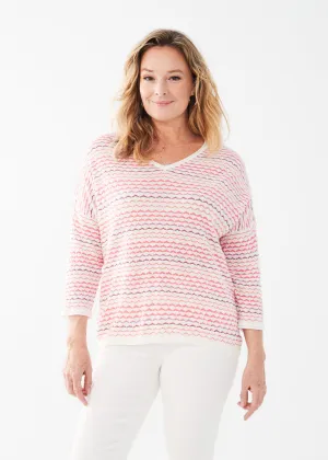 FDJ 3/4 Sleeve V-Neck Sweater 1271624-PKSP Pink Kia Stripe