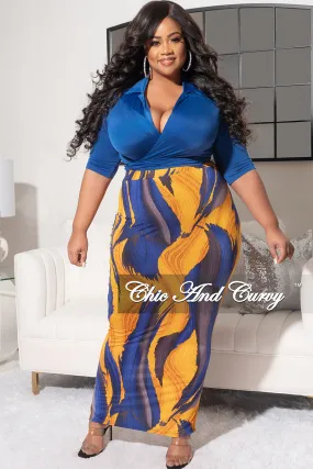 Final Sale Plus Size 2pc Short Sleeve Crop Tie Top and Pencil Skirt in Royal Blue and Mustard Design Print