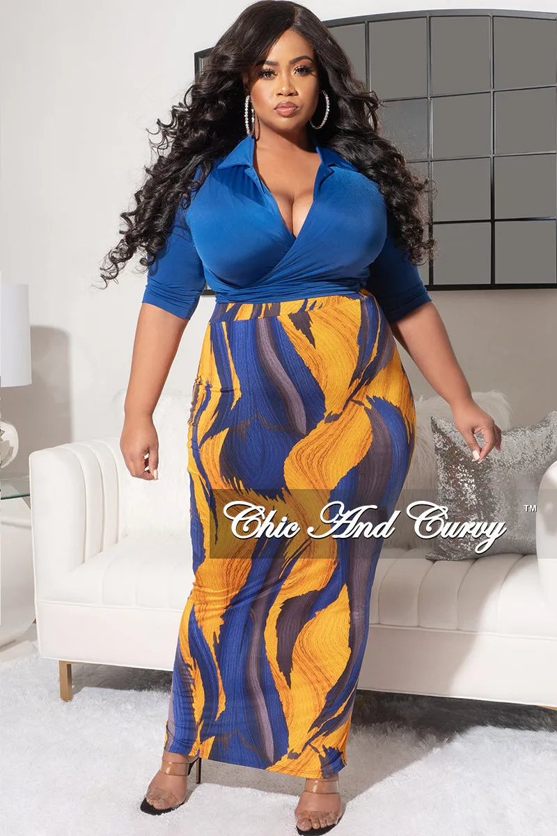 Final Sale Plus Size 2pc Short Sleeve Crop Tie Top and Pencil Skirt in Royal Blue and Mustard Design Print