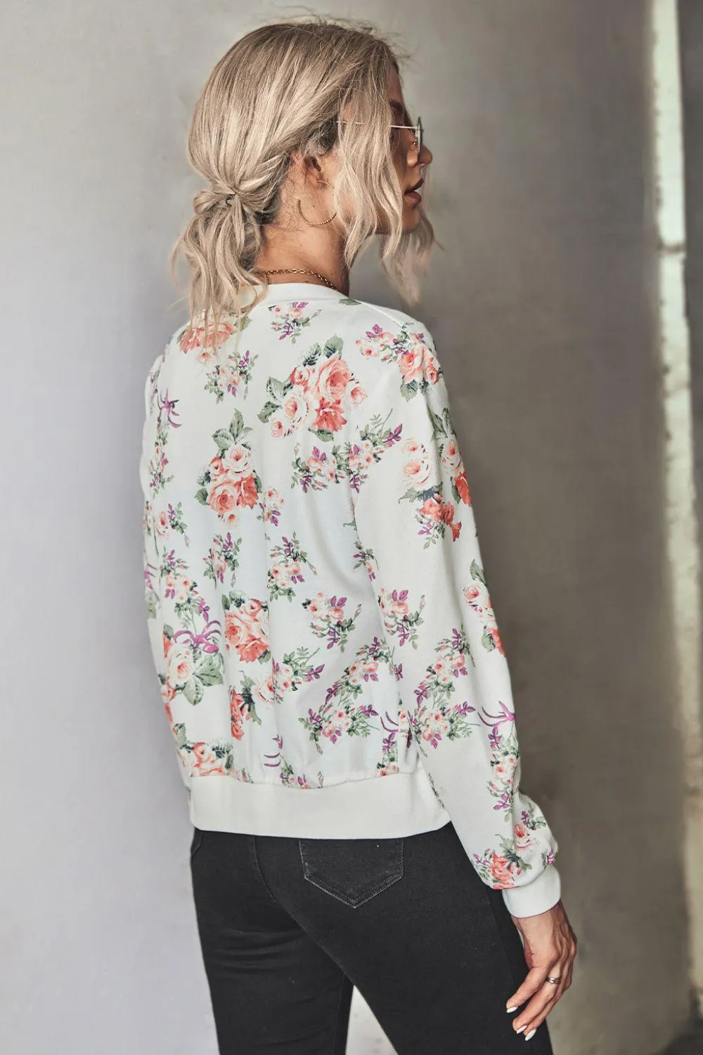 Floral Zip Up Ribbed Trim Bomber Jacket