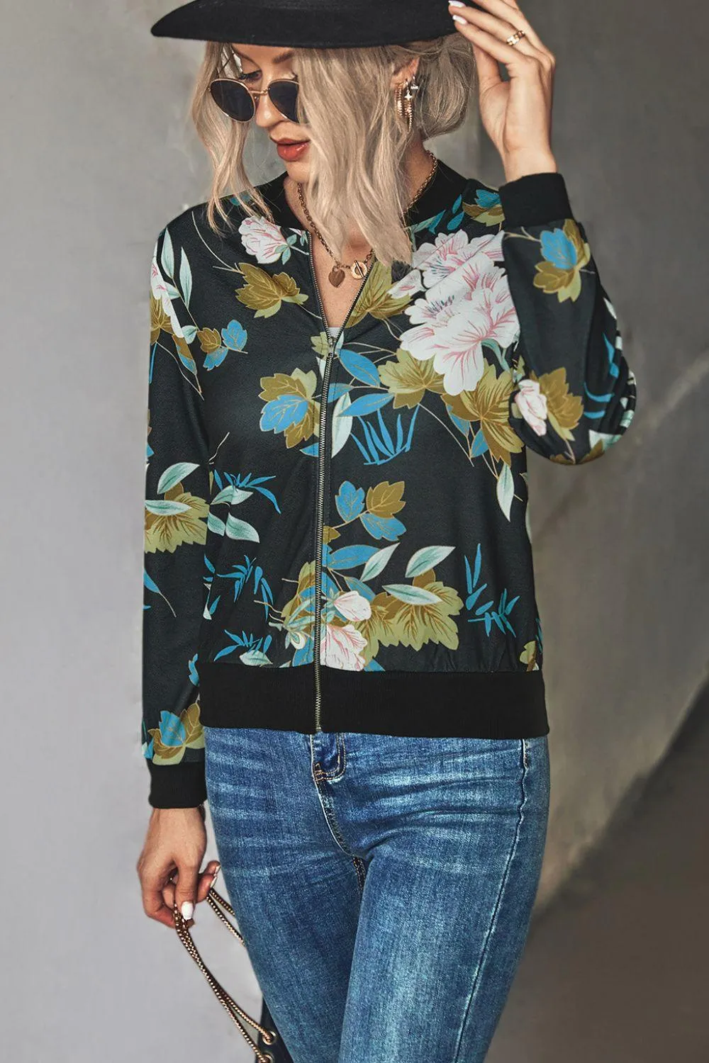 Floral Zip Up Ribbed Trim Bomber Jacket