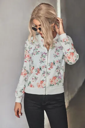 Floral Zip Up Ribbed Trim Bomber Jacket