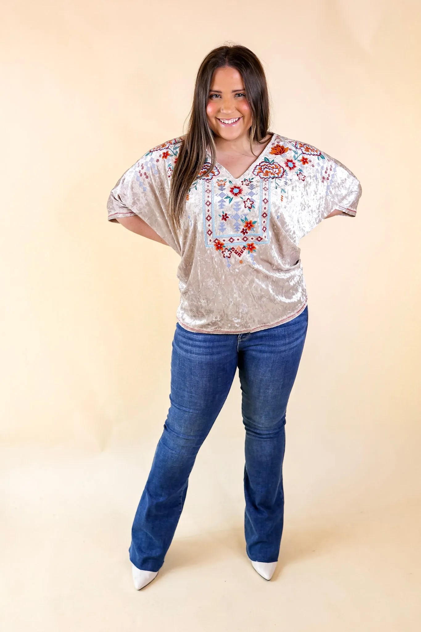 Forever Wanted Floral Embroidered Velvet Poncho Top in Oyster