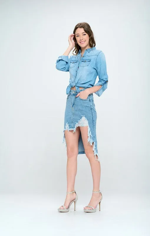 FRONT DESTROYED DENIM SKIRT