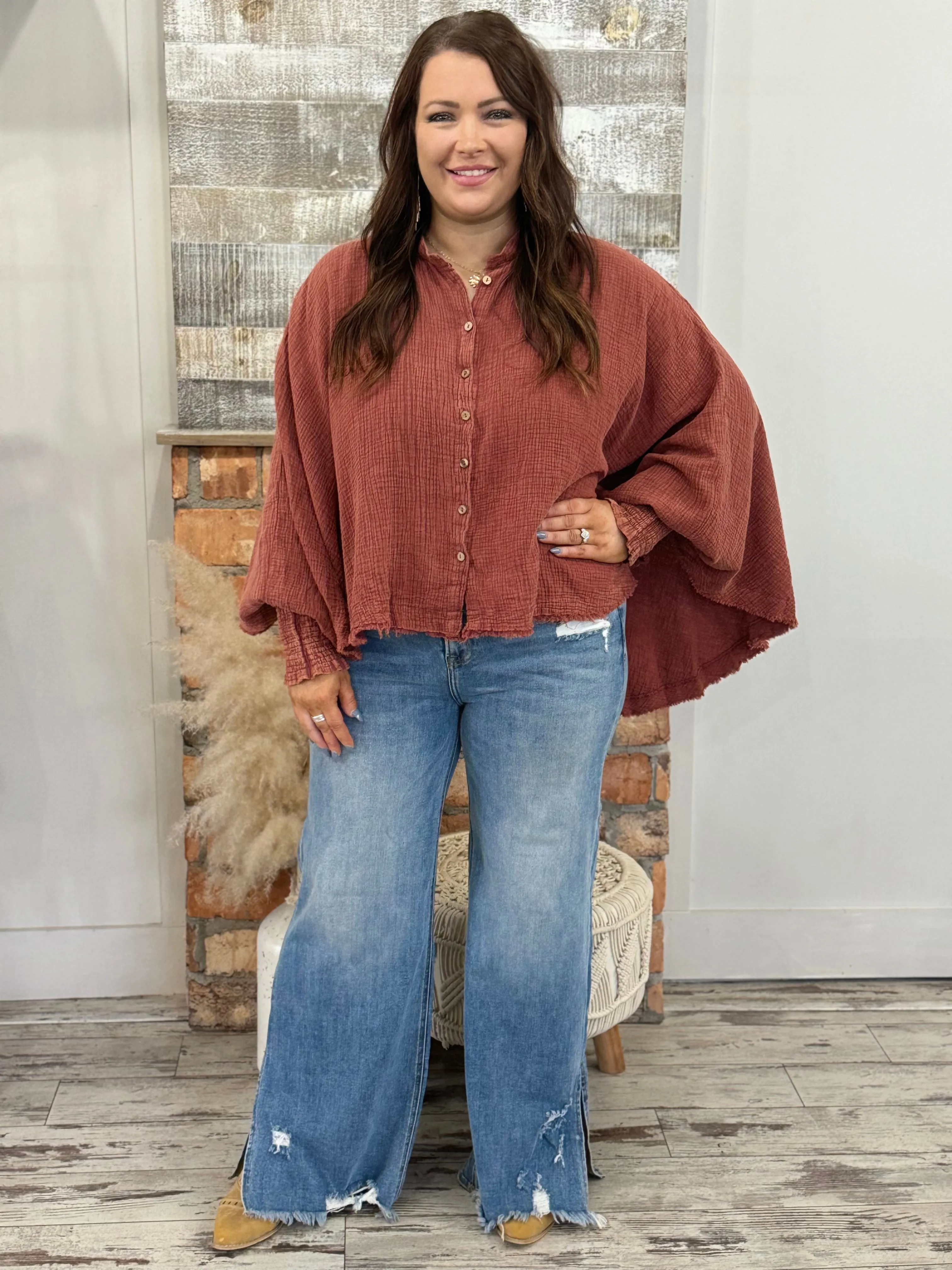 Gauze Button Down Poncho Top