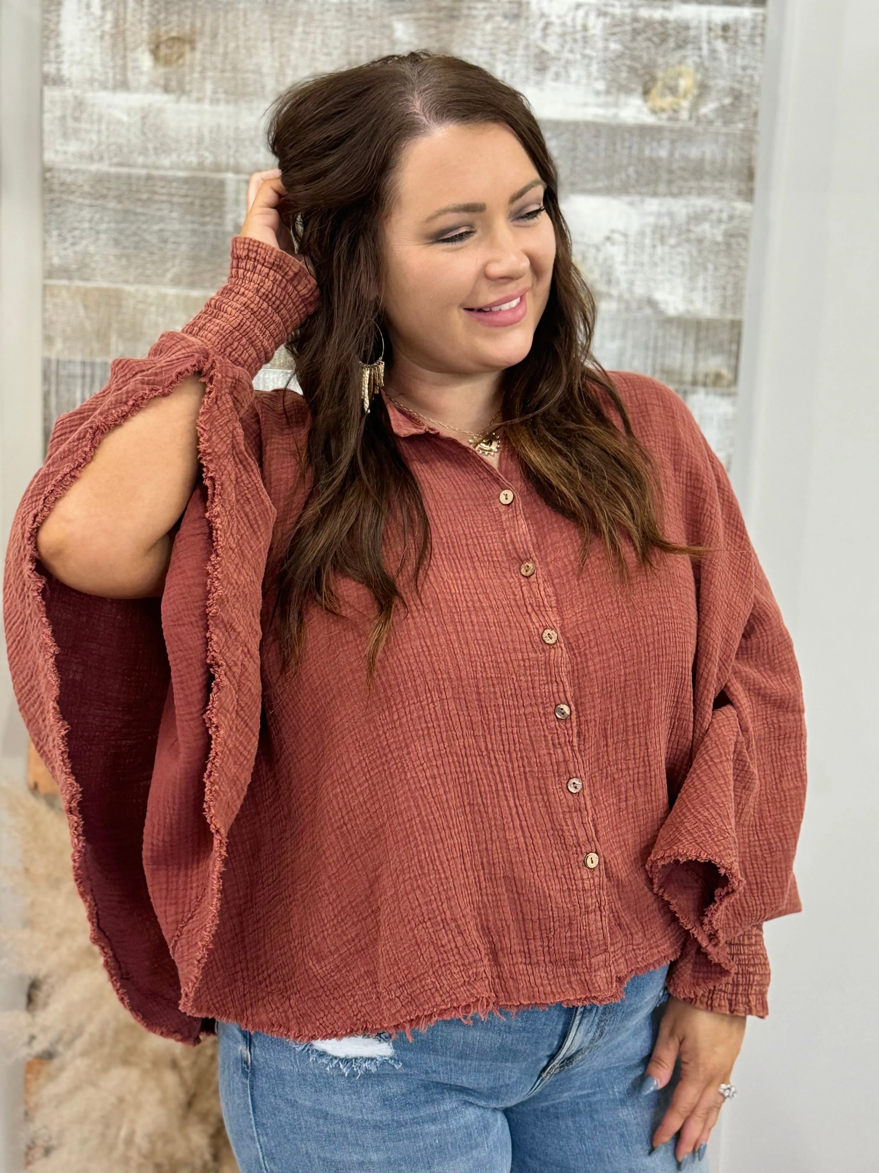 Gauze Button Down Poncho Top