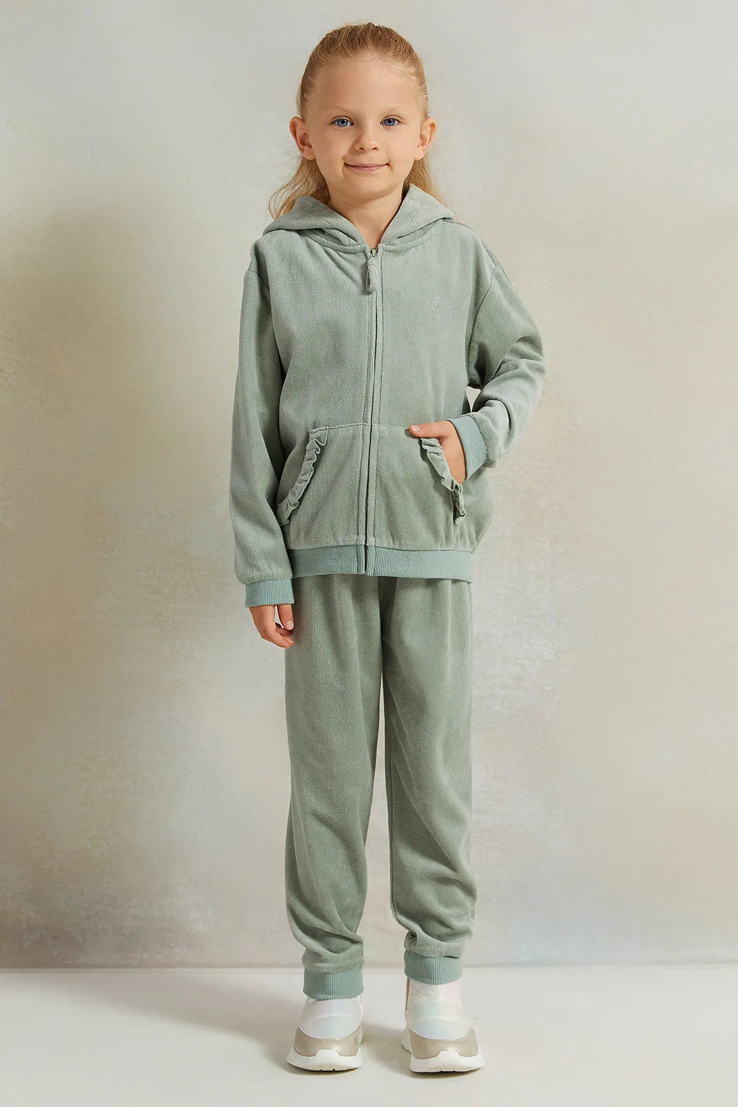 Girls Green Velvet Zip-Through  Hooded Jog suit Set (2 Piece)