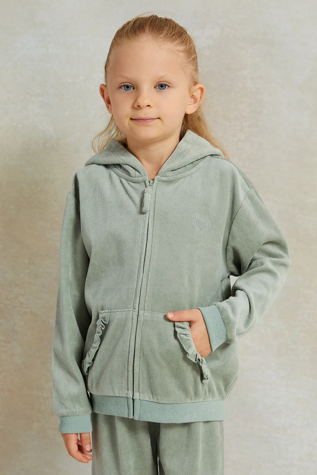 Girls Green Velvet Zip-Through  Hooded Jog suit Set (2 Piece)