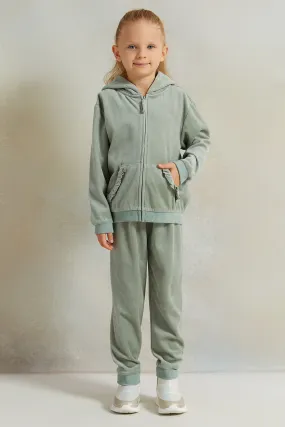 Girls Green Velvet Zip-Through  Hooded Jog suit Set (2 Piece)