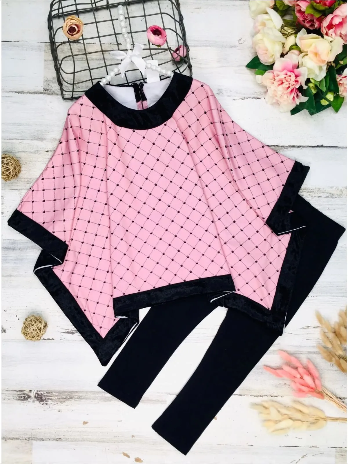 Girls Pink Crown Print Velvet Poncho And Matching Legging Set