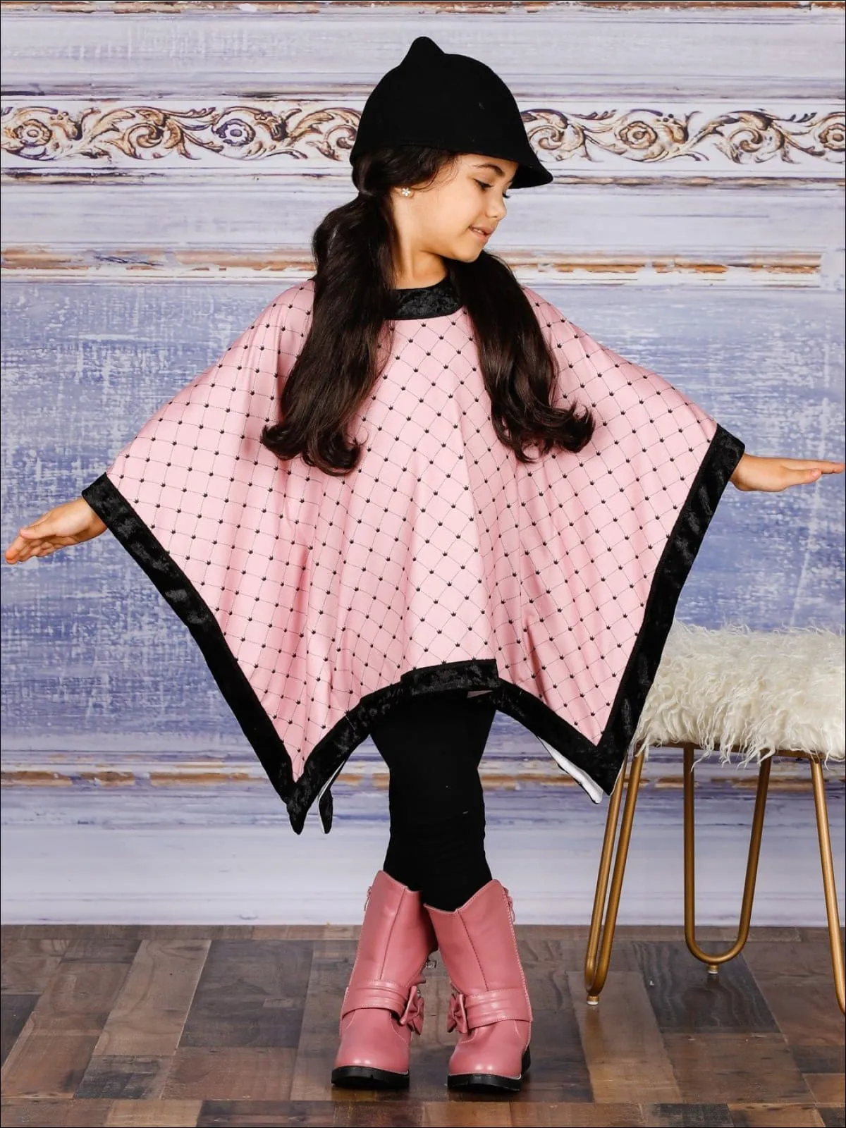 Girls Pink Crown Print Velvet Poncho And Matching Legging Set