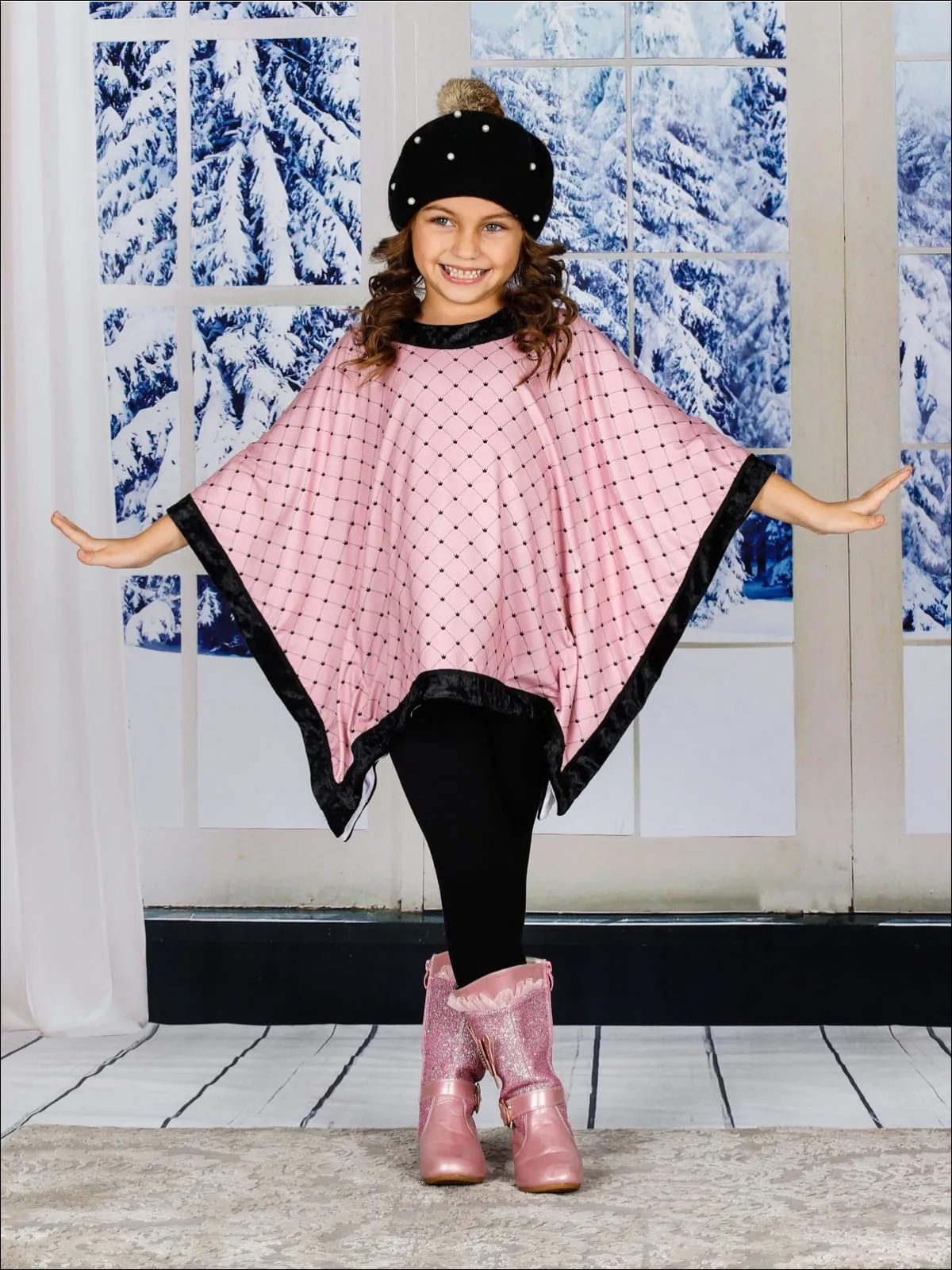 Girls Pink Crown Print Velvet Poncho And Matching Legging Set