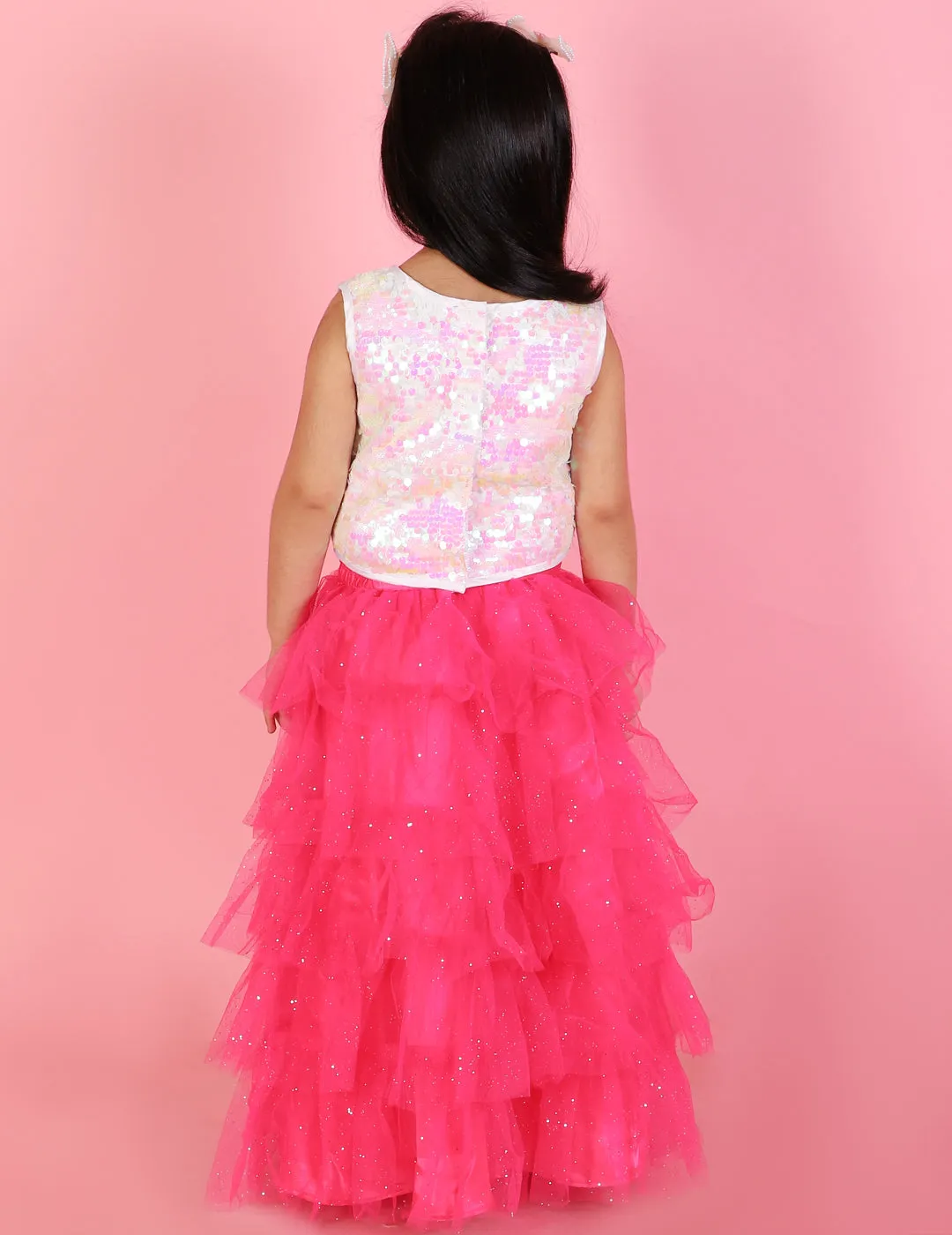 Girl's Sequins Top With Floral Corsage & Glitter Mesh Layered Skirt-Pink - Lil Peacock