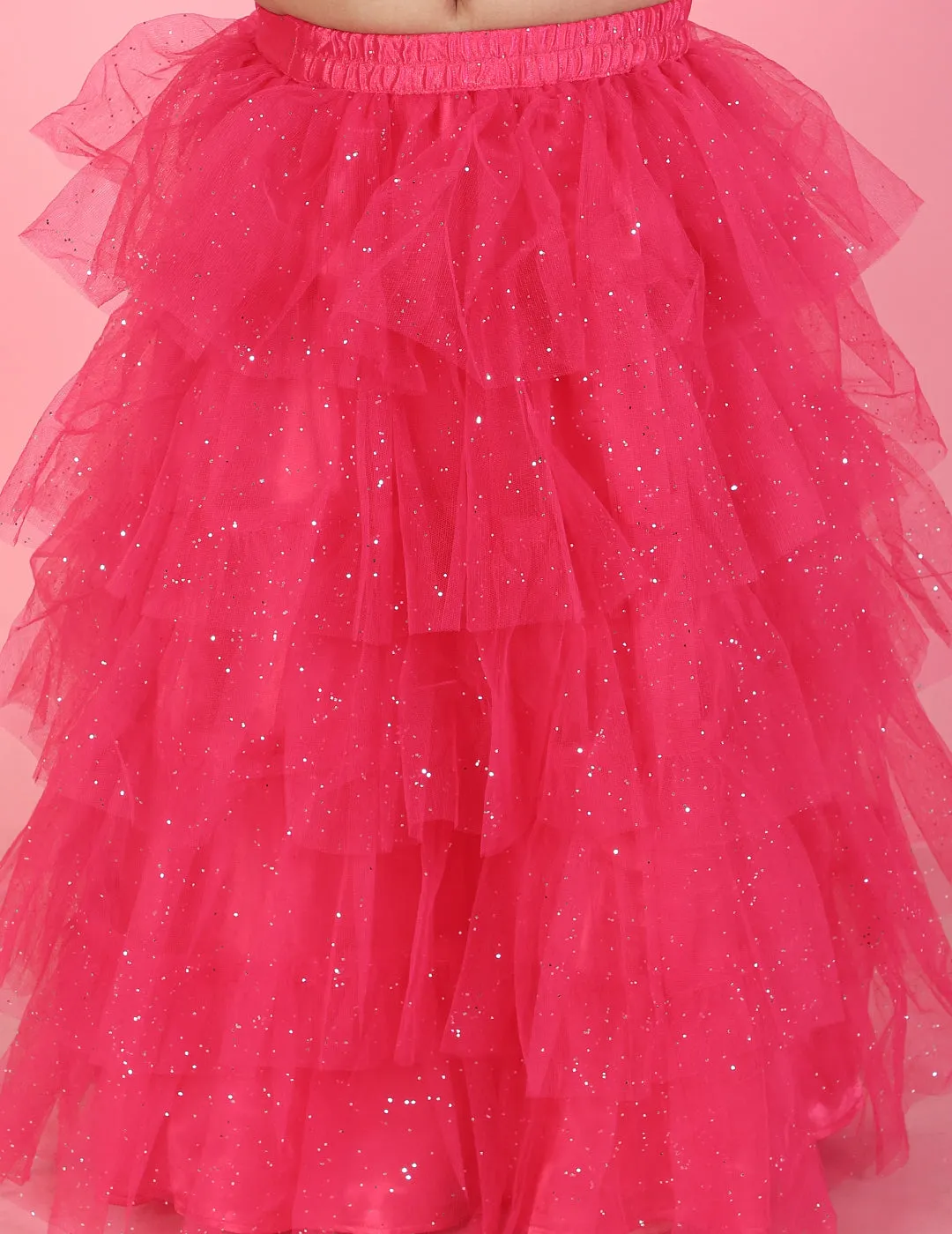 Girl's Sequins Top With Floral Corsage & Glitter Mesh Layered Skirt-Pink - Lil Peacock