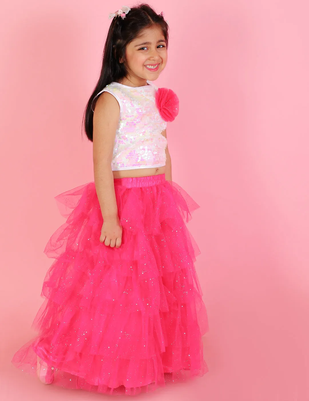 Girl's Sequins Top With Floral Corsage & Glitter Mesh Layered Skirt-Pink - Lil Peacock