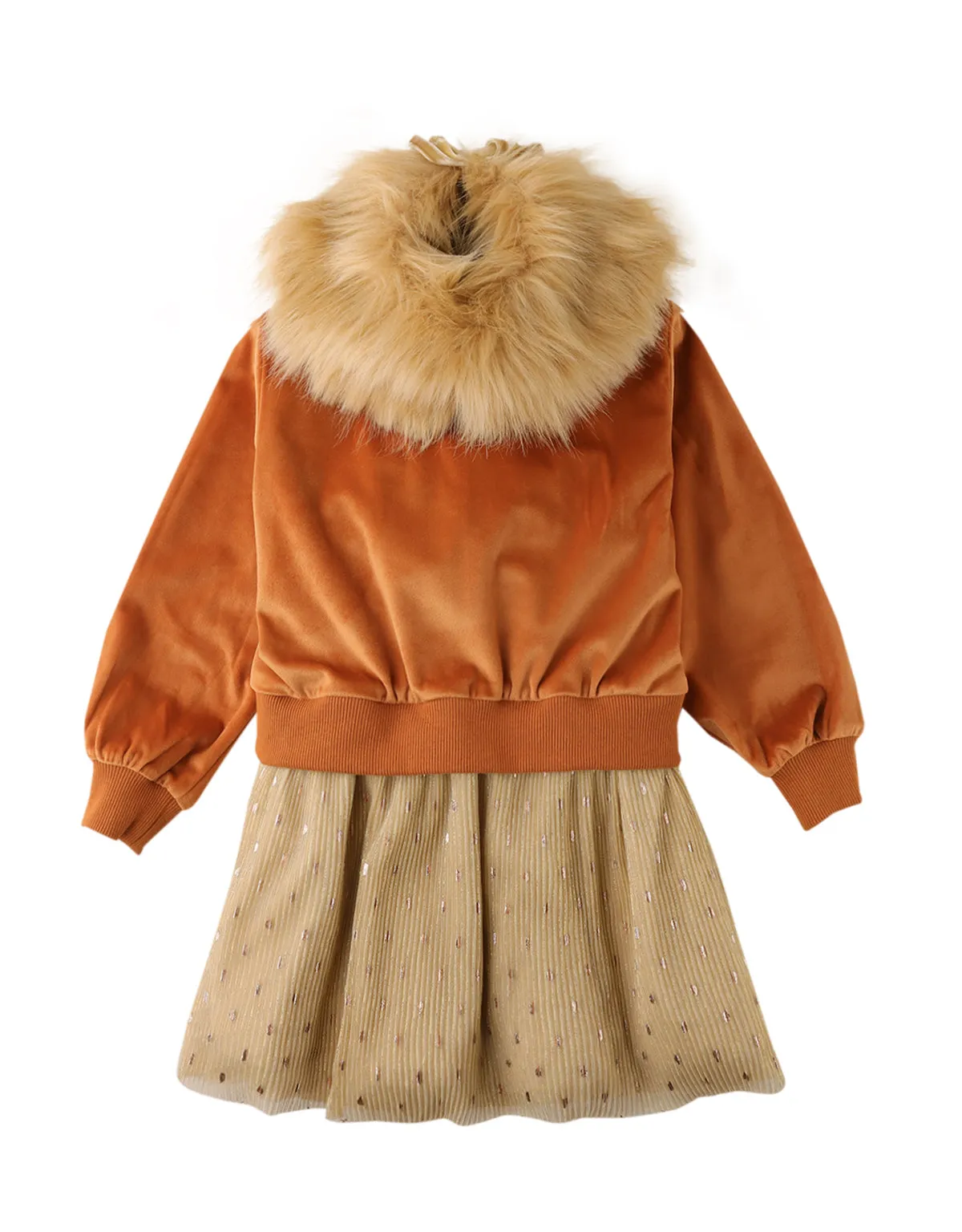 GIRLS VELVET DRESS WITH TULLE SKIRT AND DETACHABLE FAUX FUR COLLAR