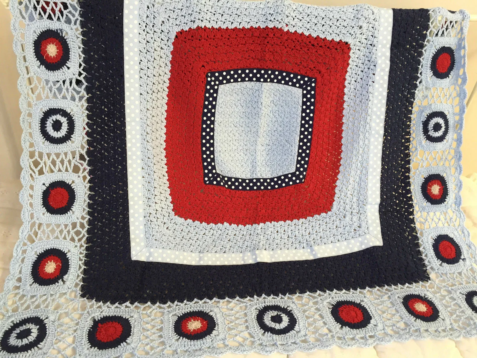 Hand Crochet baby blanket in Blue & Red