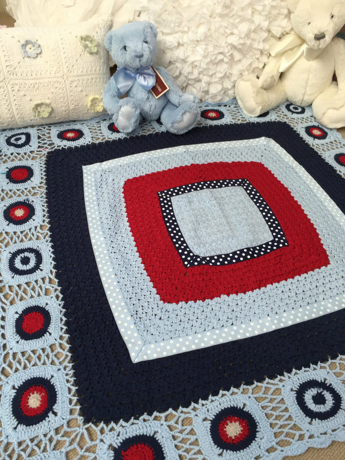 Hand Crochet baby blanket in Blue & Red