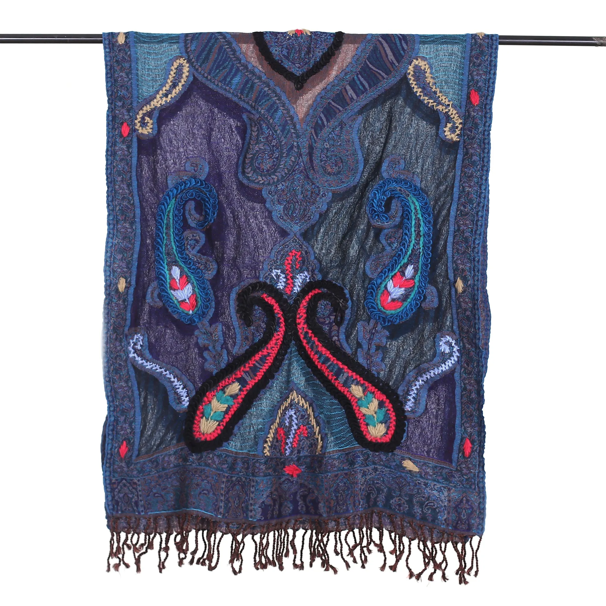 Hand-Embroidered Midnight Blue Wool Shawl - Paisley Dreams | NOVICA