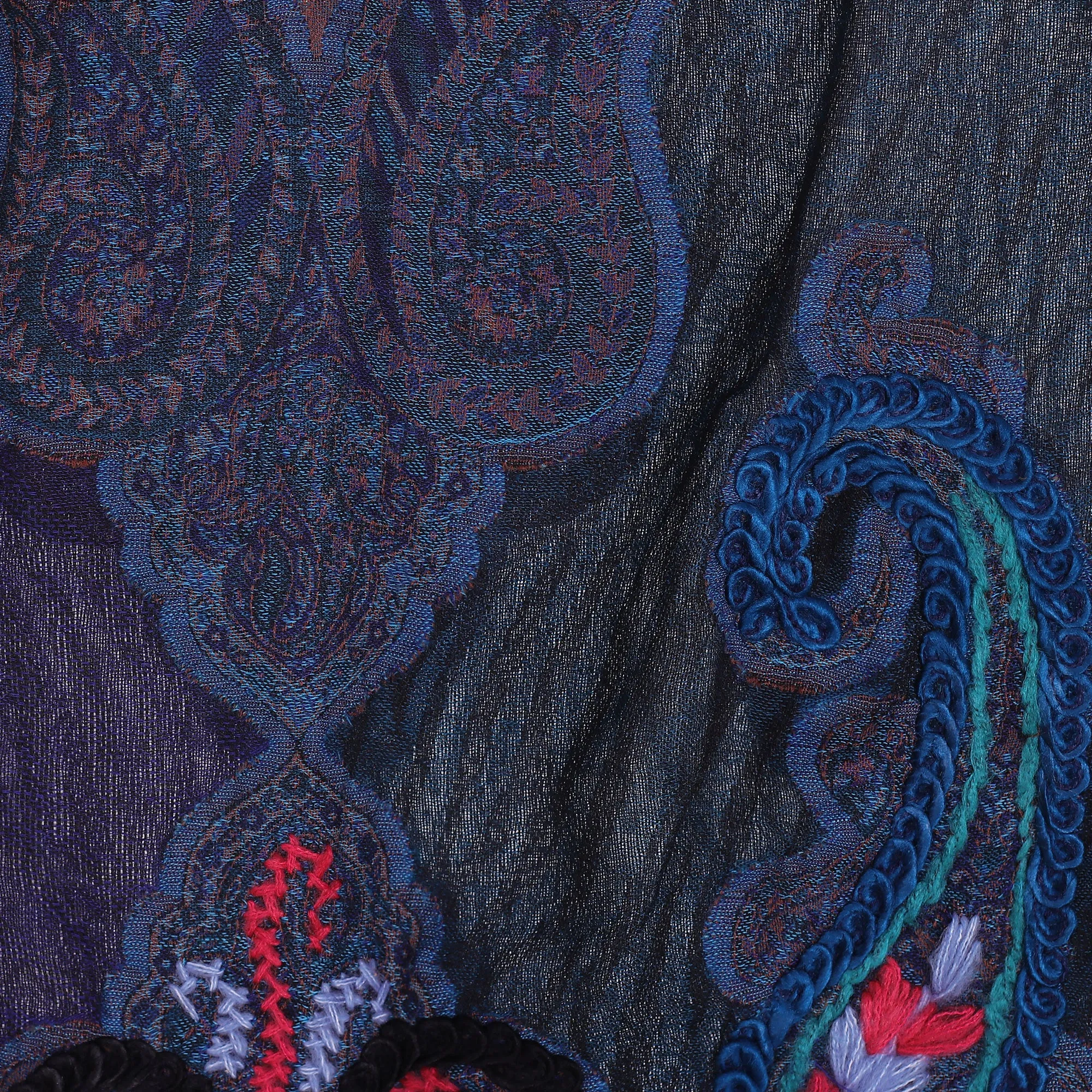 Hand-Embroidered Midnight Blue Wool Shawl - Paisley Dreams | NOVICA