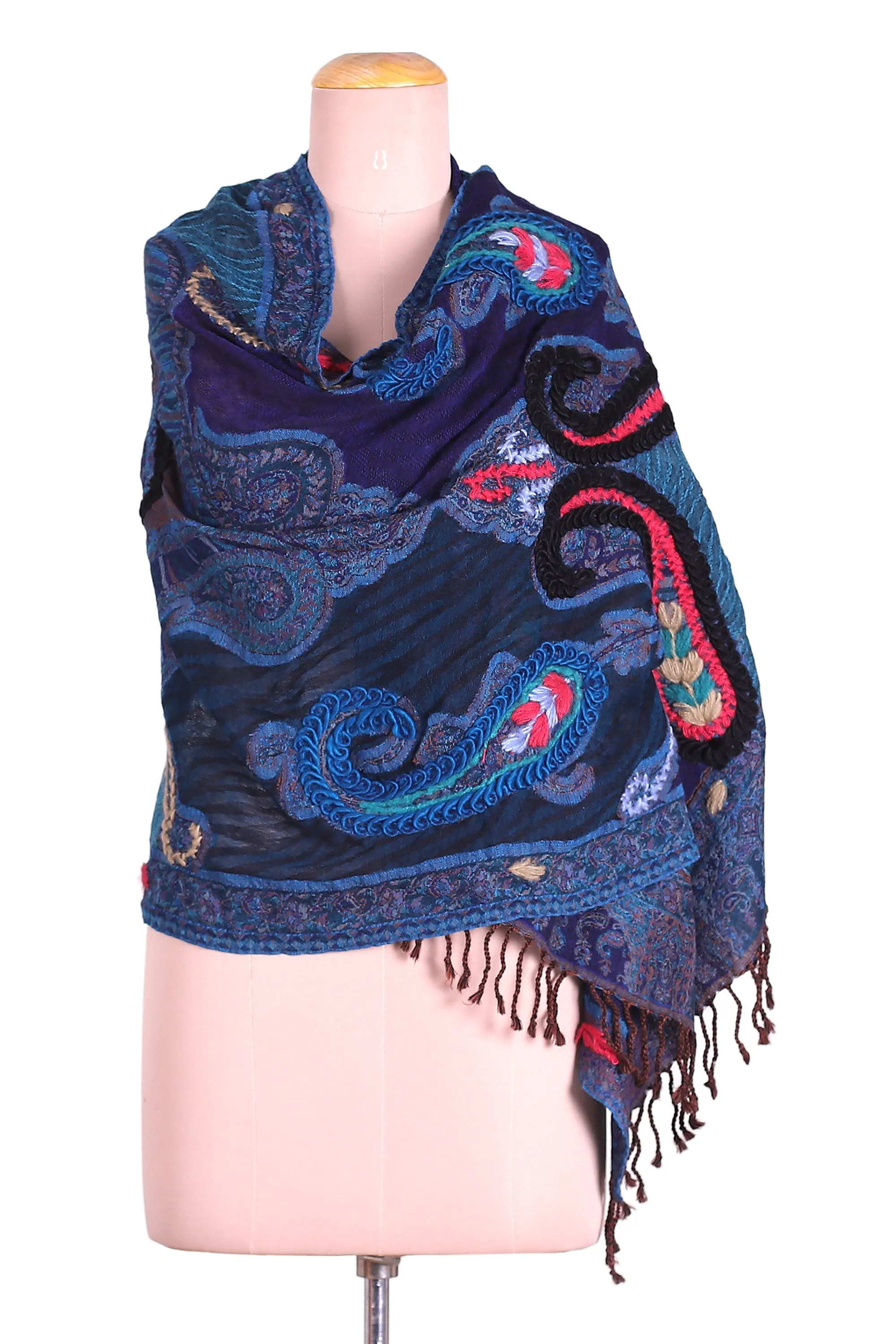 Hand-Embroidered Midnight Blue Wool Shawl - Paisley Dreams | NOVICA