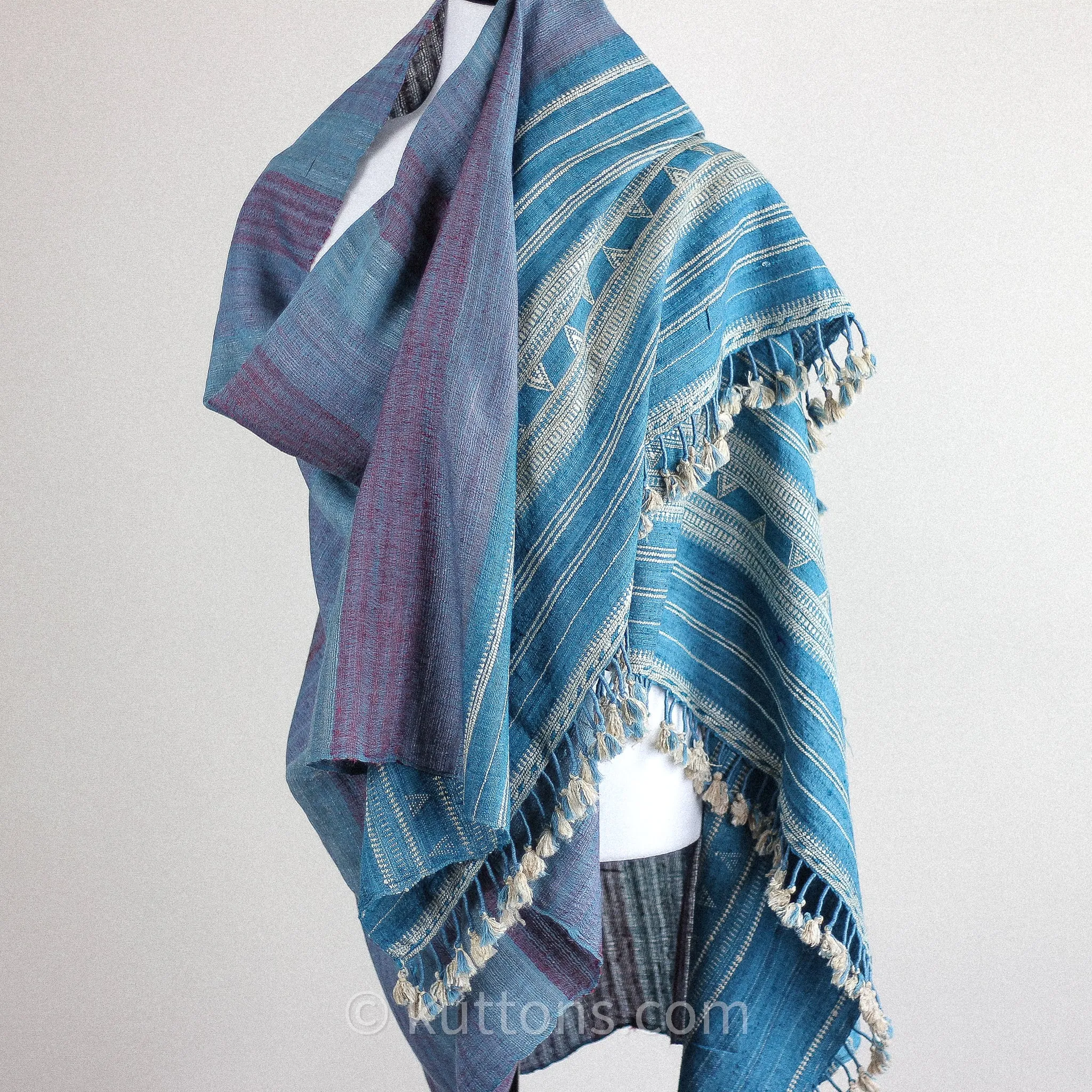 Handspun & Handwoven Tussar Silk & Merino Wool Shawl Wrap | Blue, Golden Brown, 37x83"