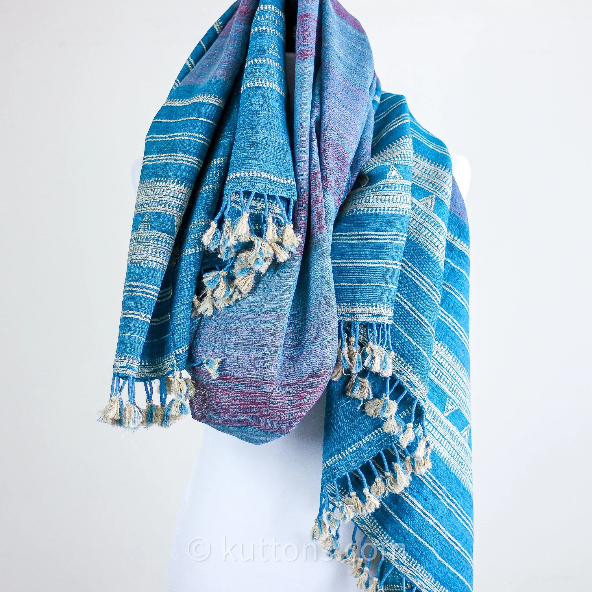 Handspun & Handwoven Tussar Silk & Merino Wool Shawl Wrap | Blue, Golden Brown, 37x83"