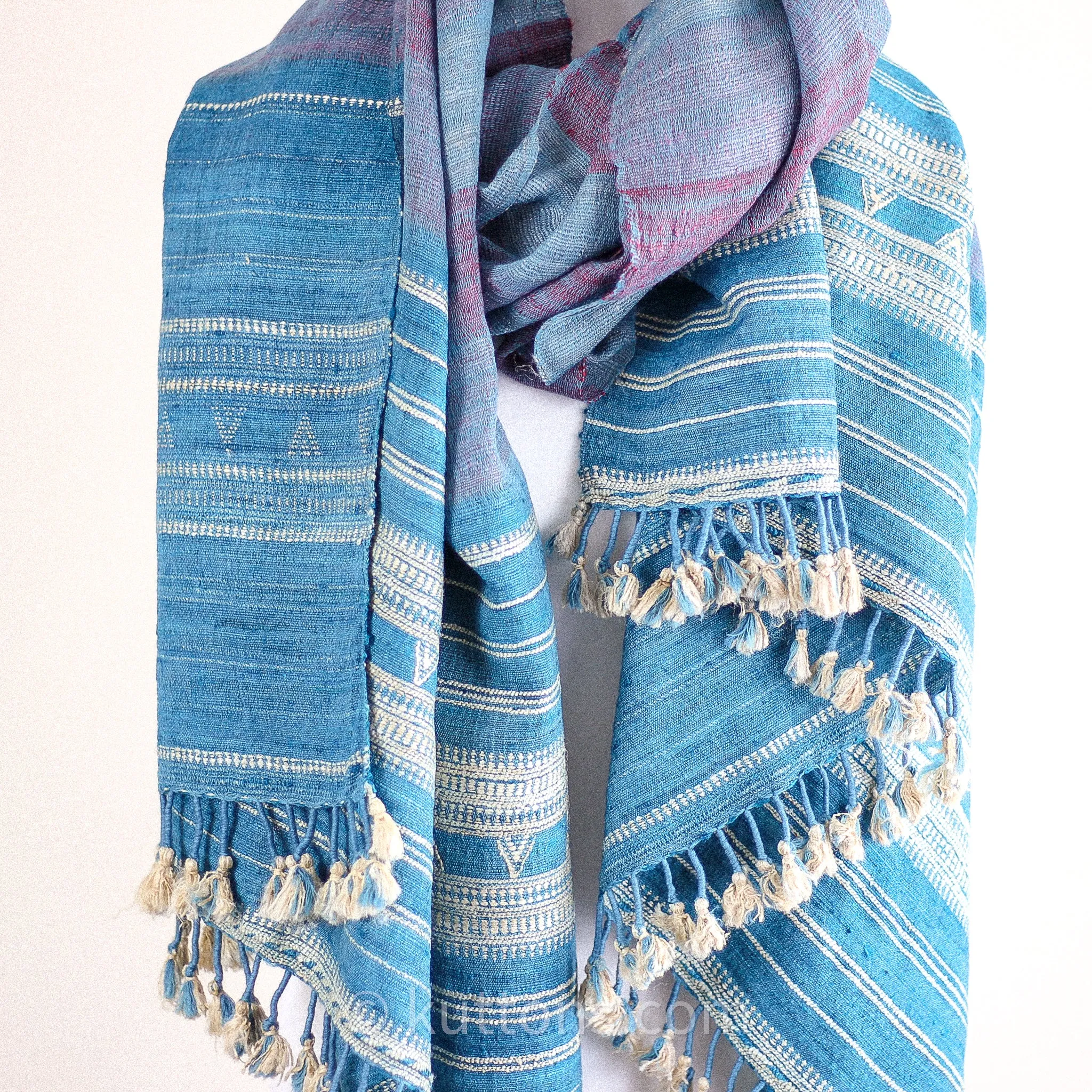 Handspun & Handwoven Tussar Silk & Merino Wool Shawl Wrap | Blue, Golden Brown, 37x83"