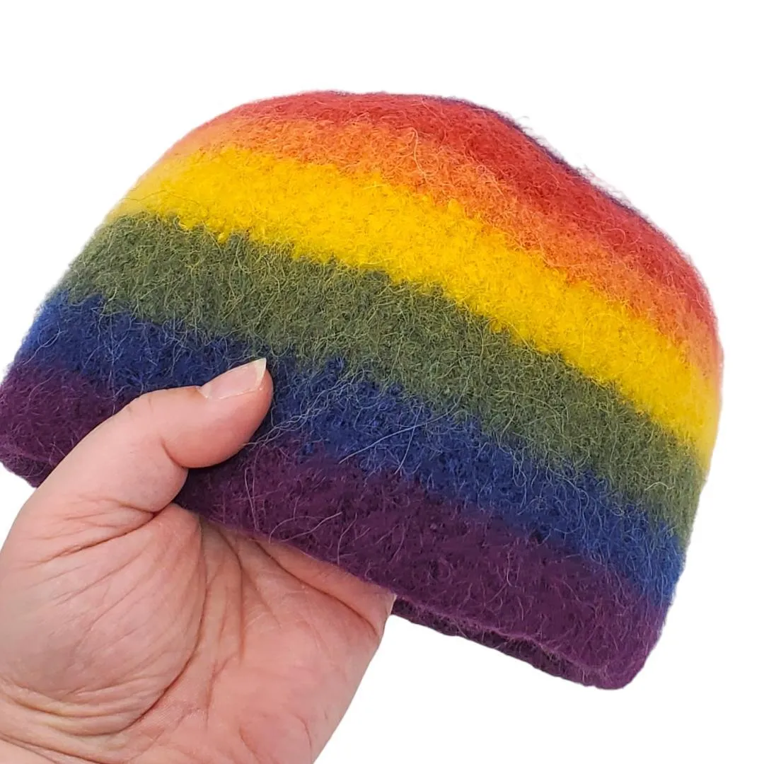 Hat - Felted Wool Cap in Rainbow Stripe (Assorted Sizes) by Snooter-doots