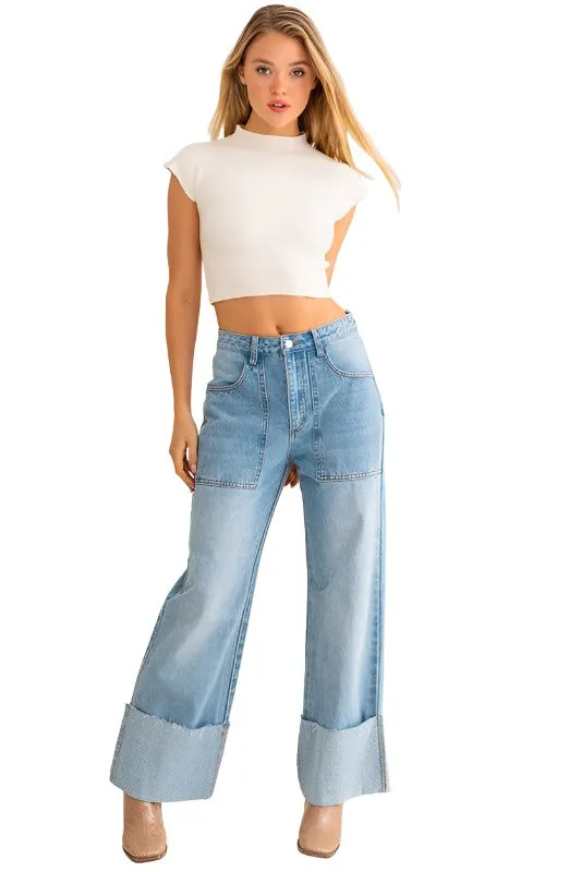 High-Waisted Wide Leg Cuffed Jeans