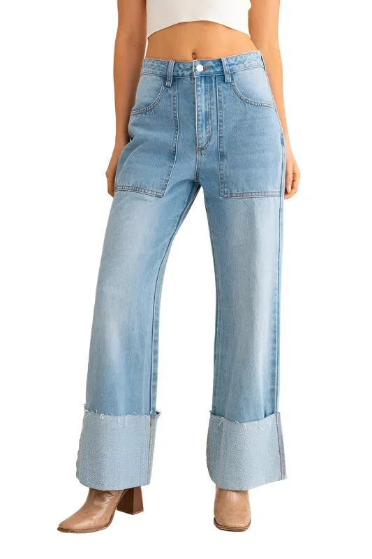 High-Waisted Wide Leg Cuffed Jeans