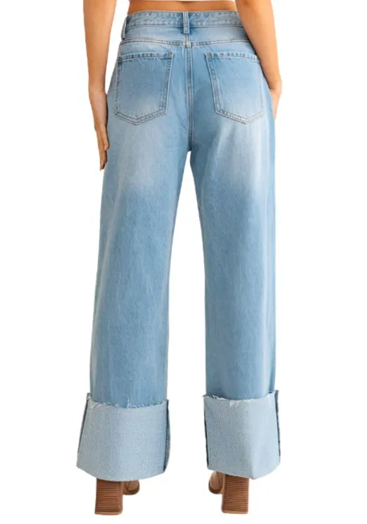 High-Waisted Wide Leg Cuffed Jeans