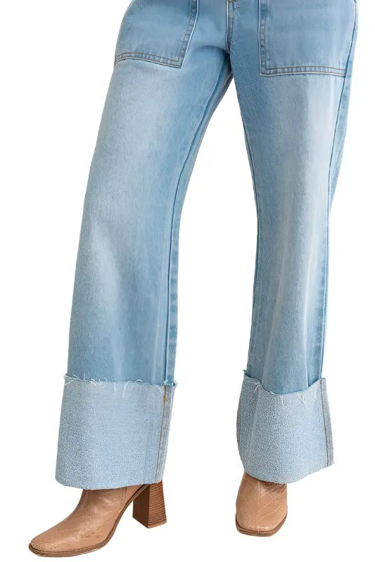 High-Waisted Wide Leg Cuffed Jeans