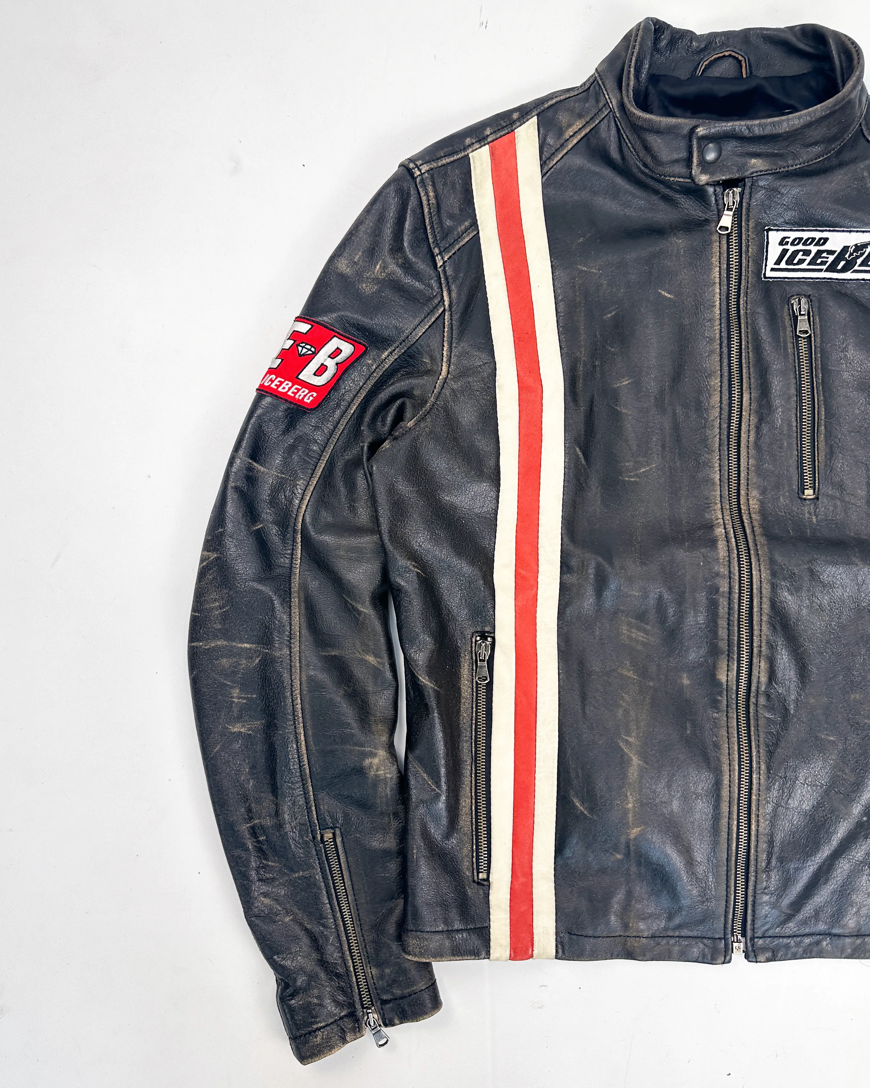 Iceberg Black Distressed Leather Racing Jacket 2000's