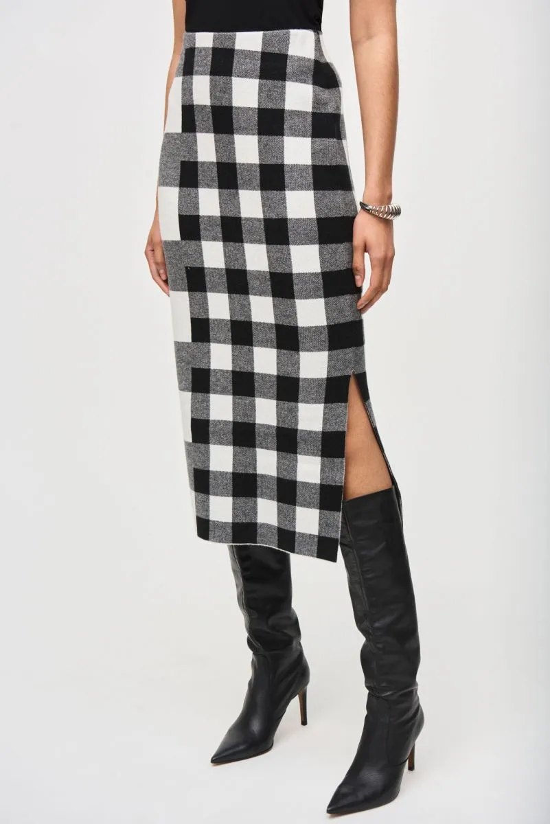 Joseph Ribkoff Black/Vanilla Check Jacquard Knit Pull On Midi Skirt 243947